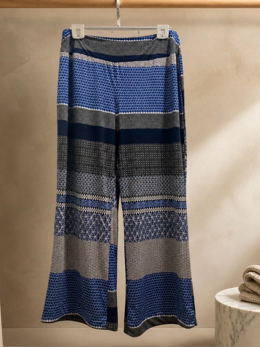 Robert Louis Blue and Gray Striped Wide-Leg Knit Pants